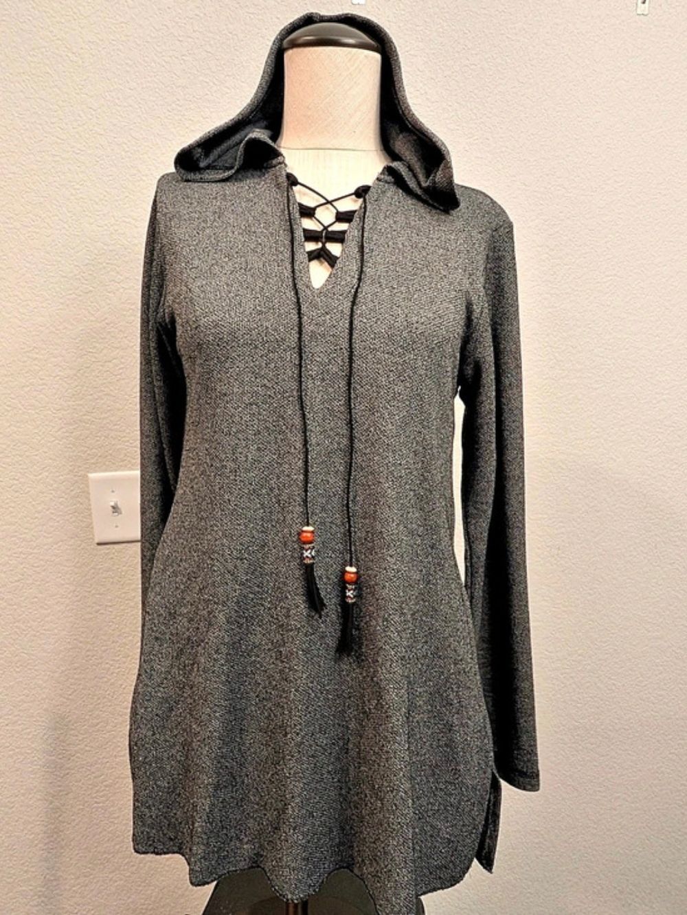 Earthbound Trading Co. Hooded Lace-Up Tunic Gray Size Small Boho